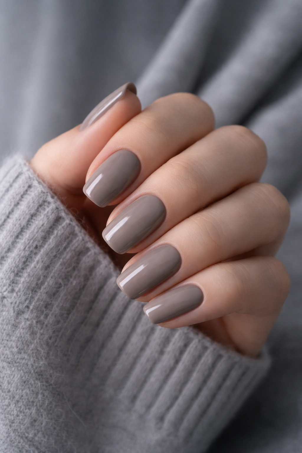 Close-up of hands with Soft Taupe nails in gray-brown polish