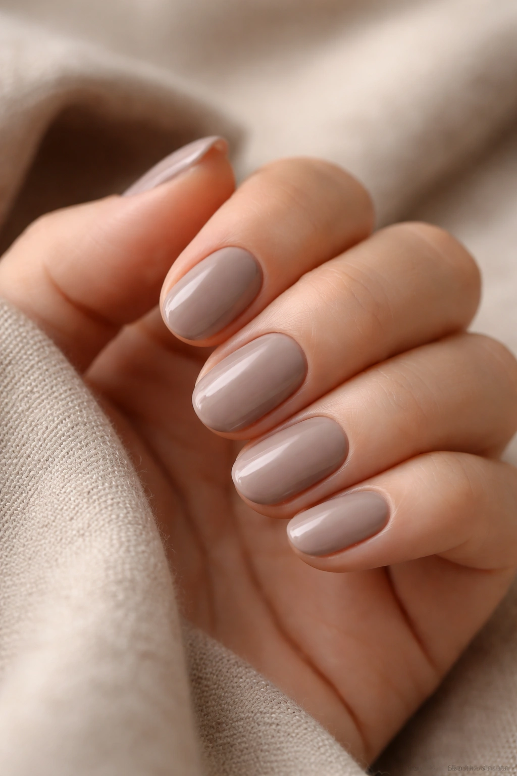 Close-up of soft taupe oval nails on short length