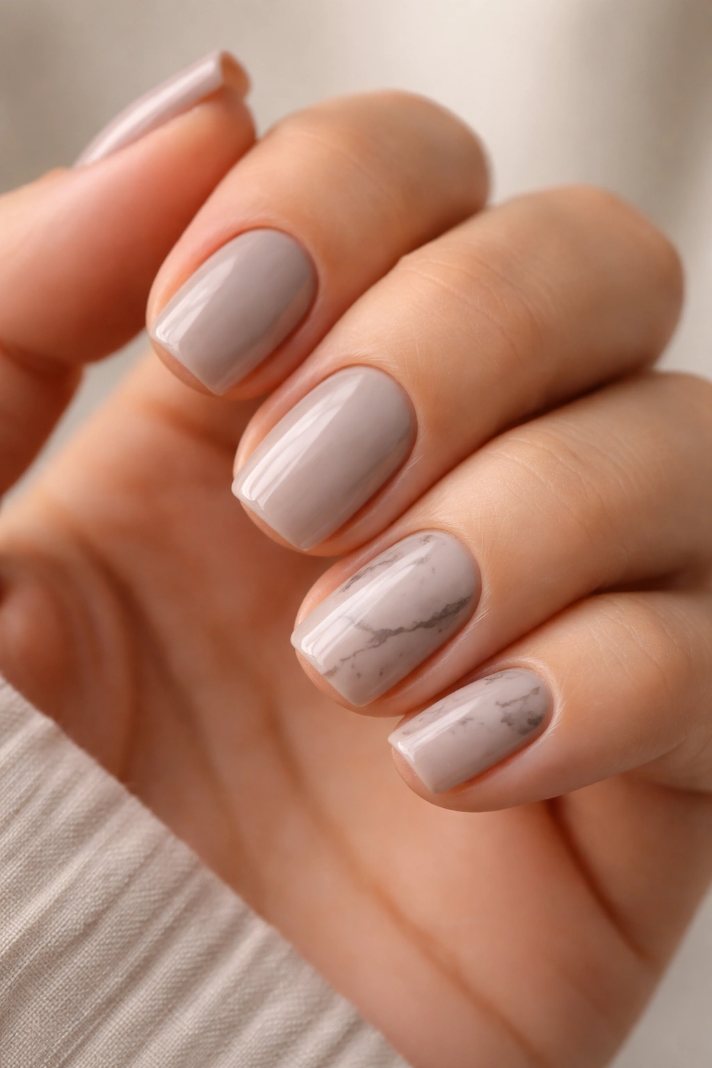 Close-up of short squoval nails with a soft taupe base and delicate marble accents on ring and pinky