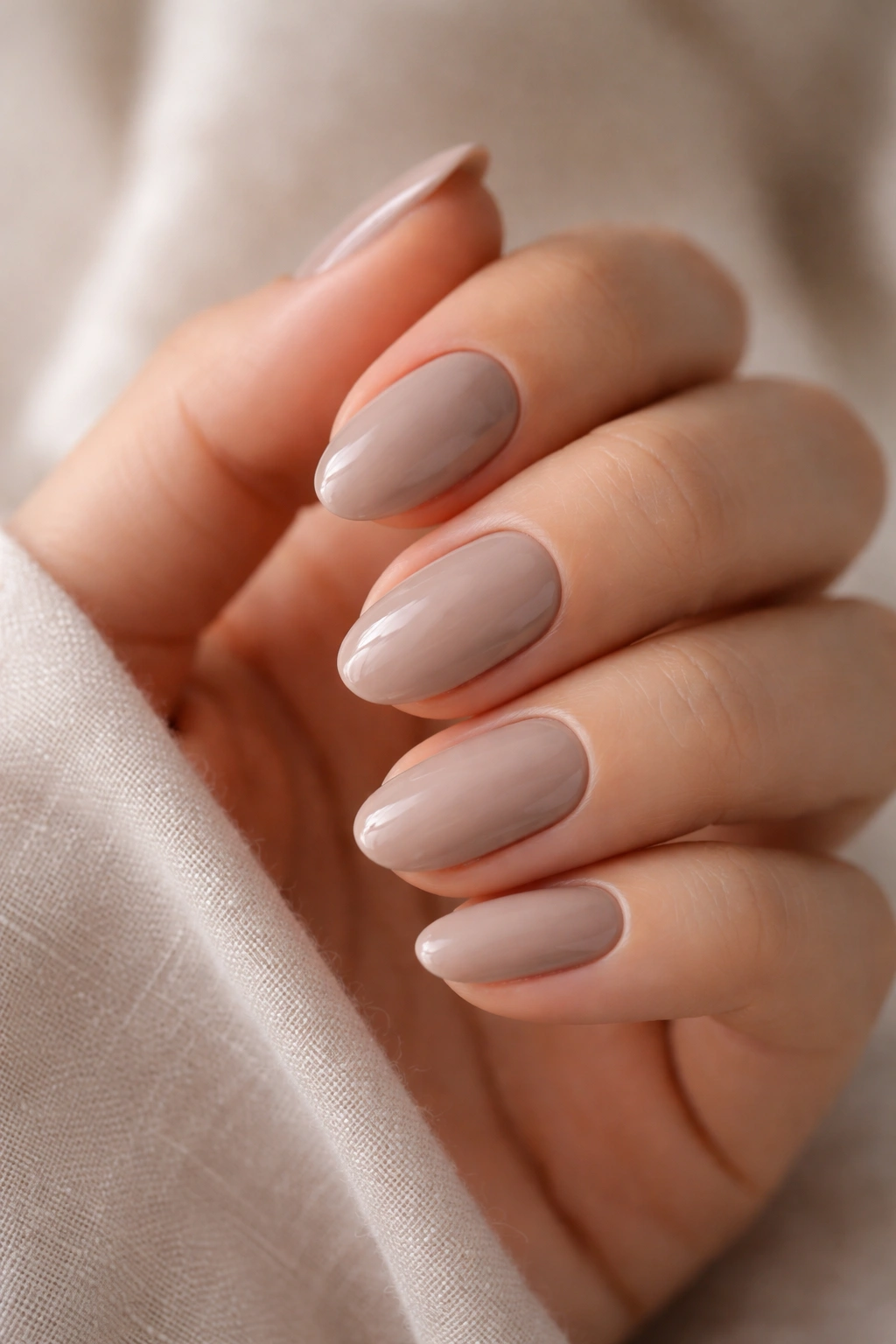 Close-up of soft taupe nude almond nails on a hand in natural light