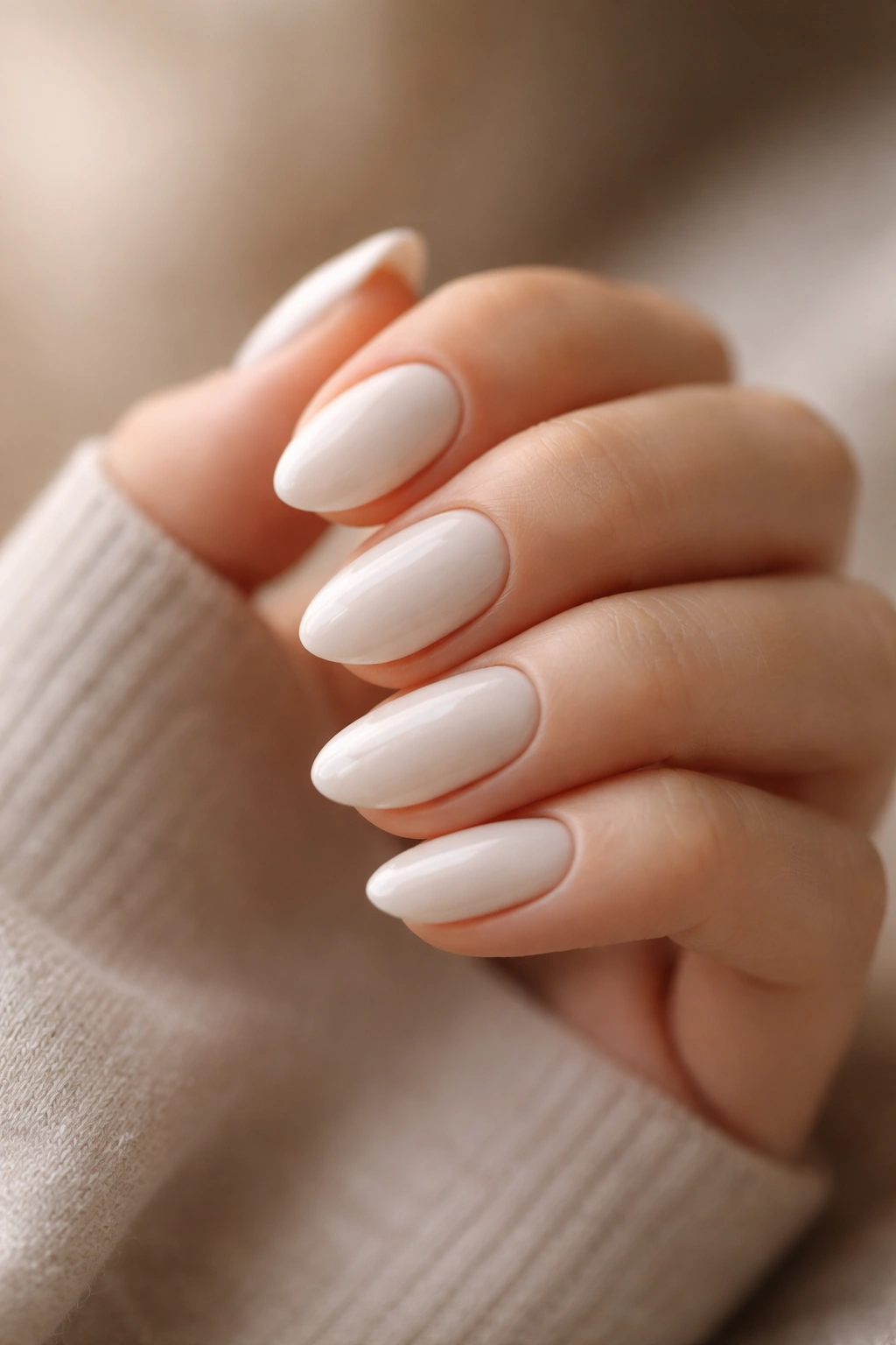 Close-up of soft white almond nails on a hand