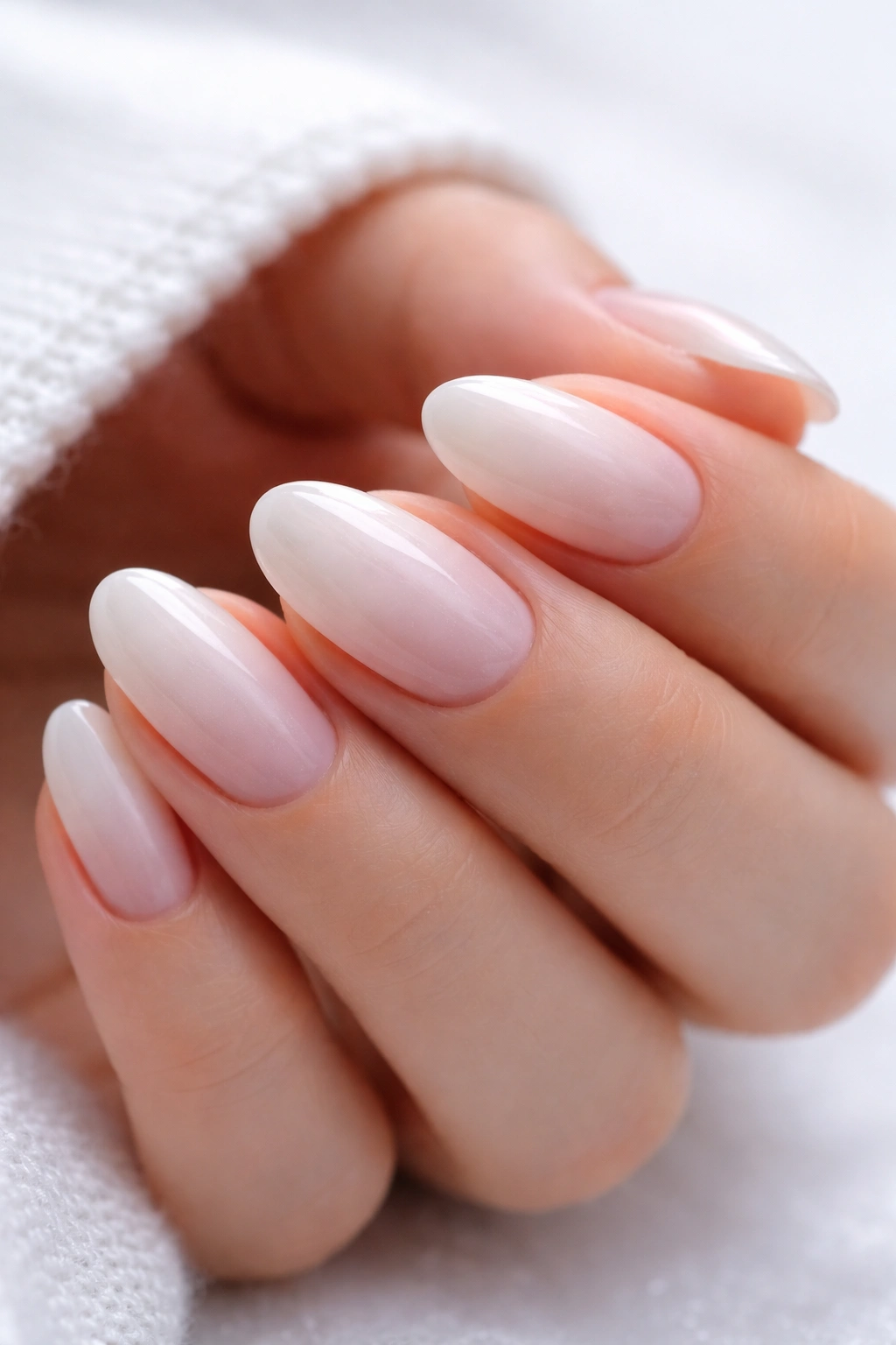 Close-up of short almond nails with soft white aura gradient on pink nude base