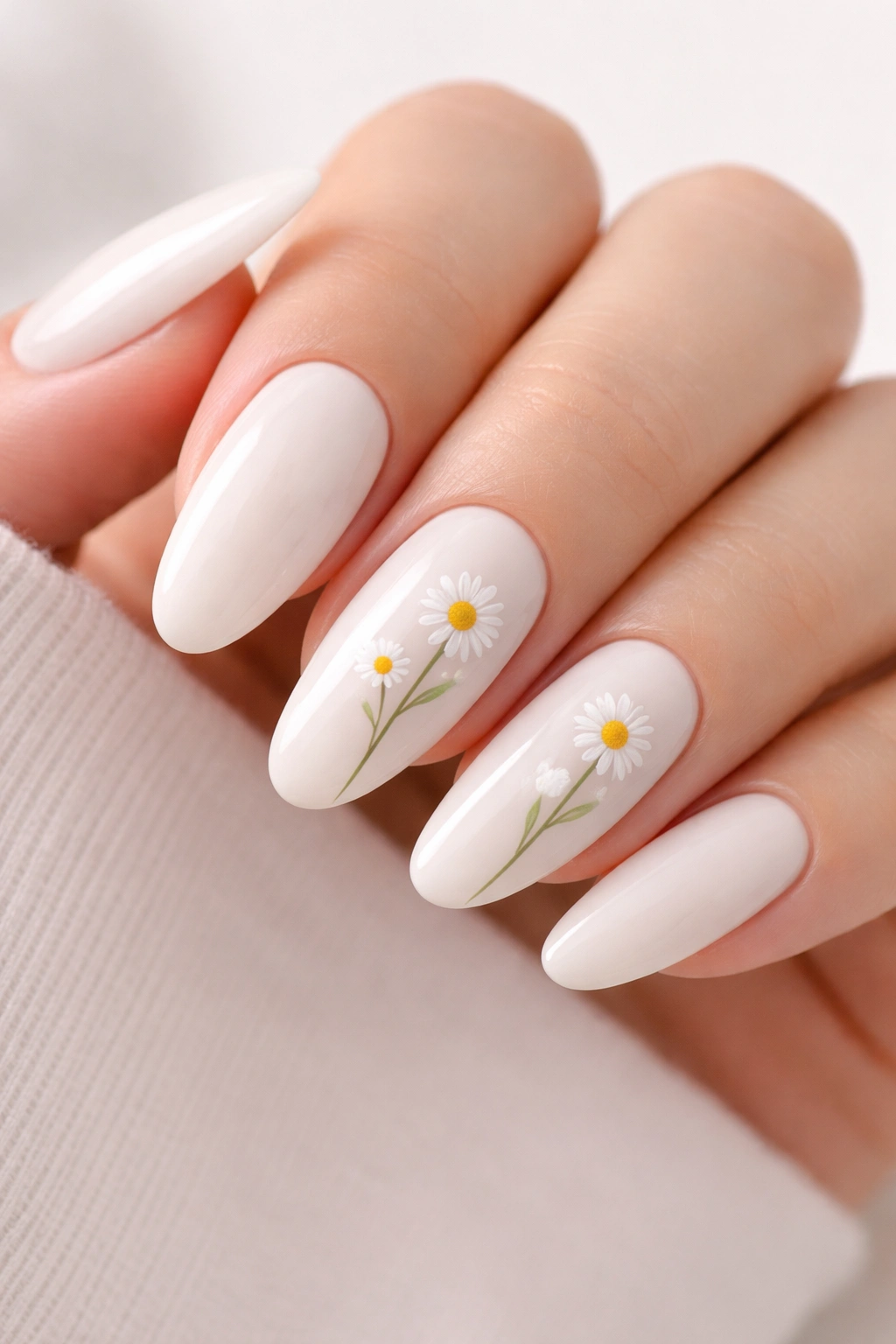 Close-up of soft white nails with delicate daisy accents on long oval nails