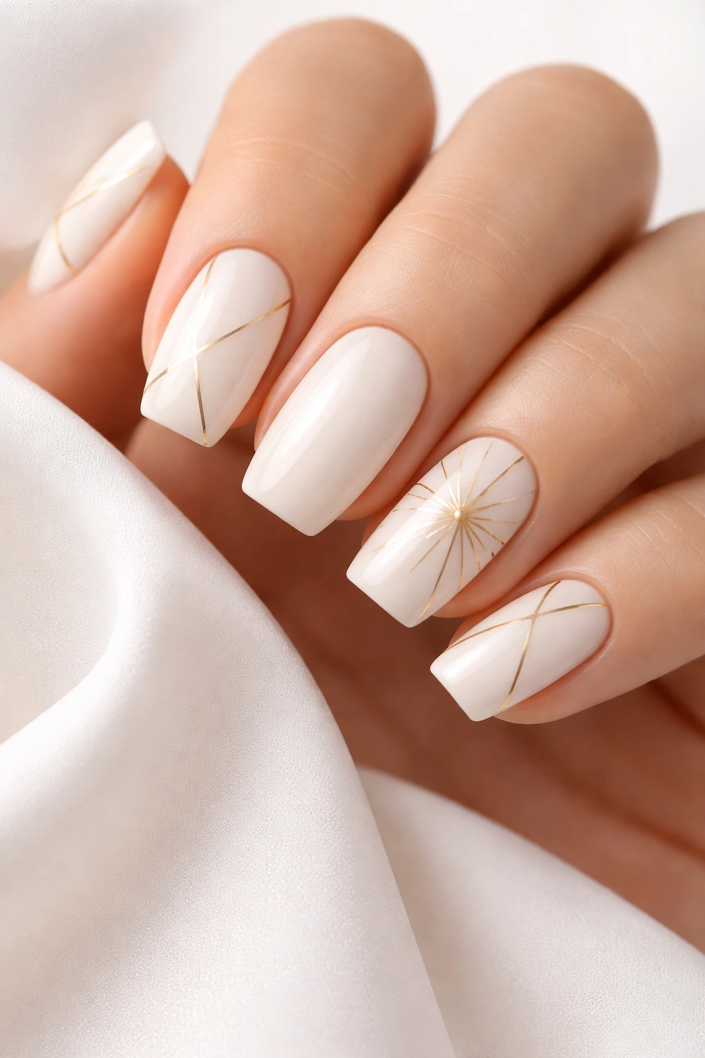 Close-up of classic soft white square nails with gold geometric lines on a neutral background