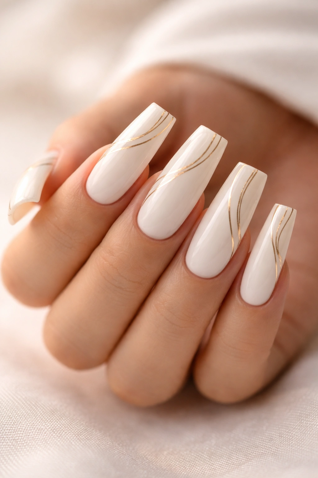 Soft white nails with delicate gold line design on long curved duck nails