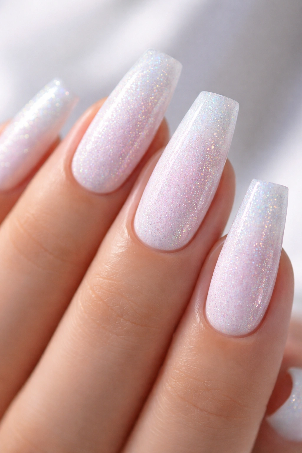 Close-up of soft white nails with iridescent sugar texture
