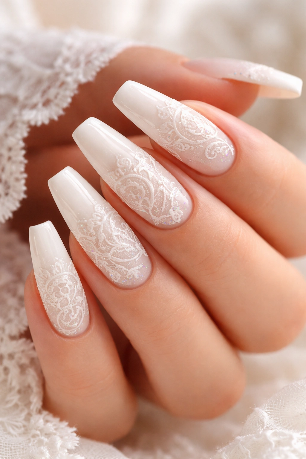 Soft white coffin nails with lace pattern
