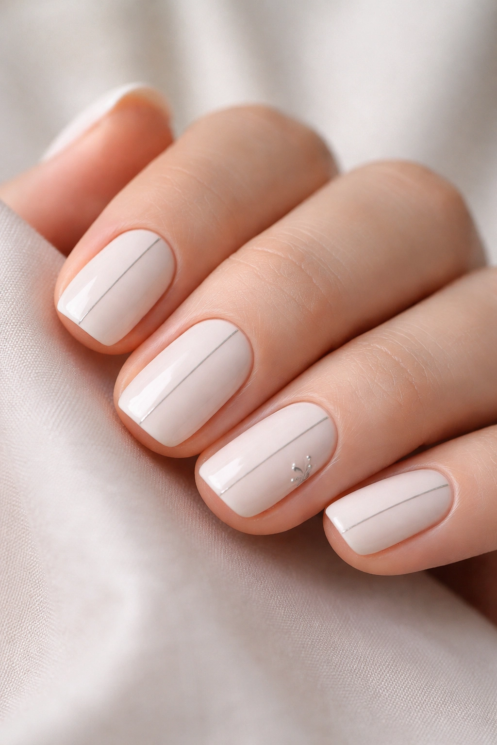 Close-up of soft white nails with fine line art