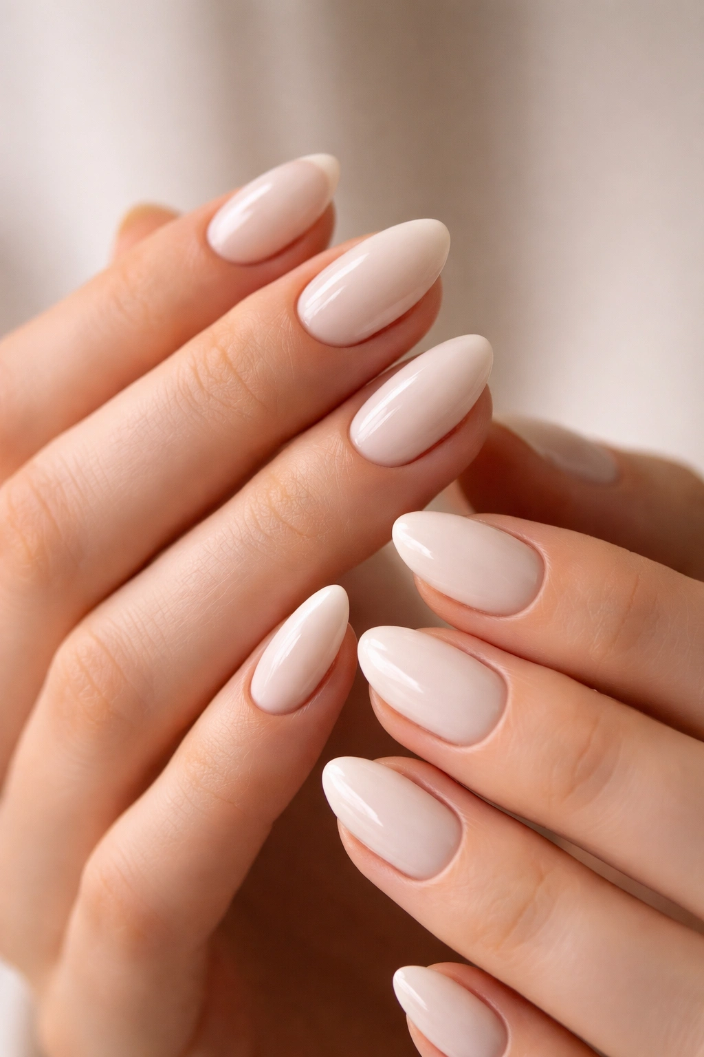 Close-up of hands showing soft white short almond nails