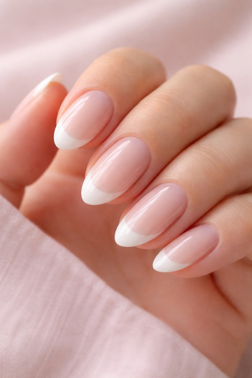 Close-up of soft white almond tips on short nails with translucent base