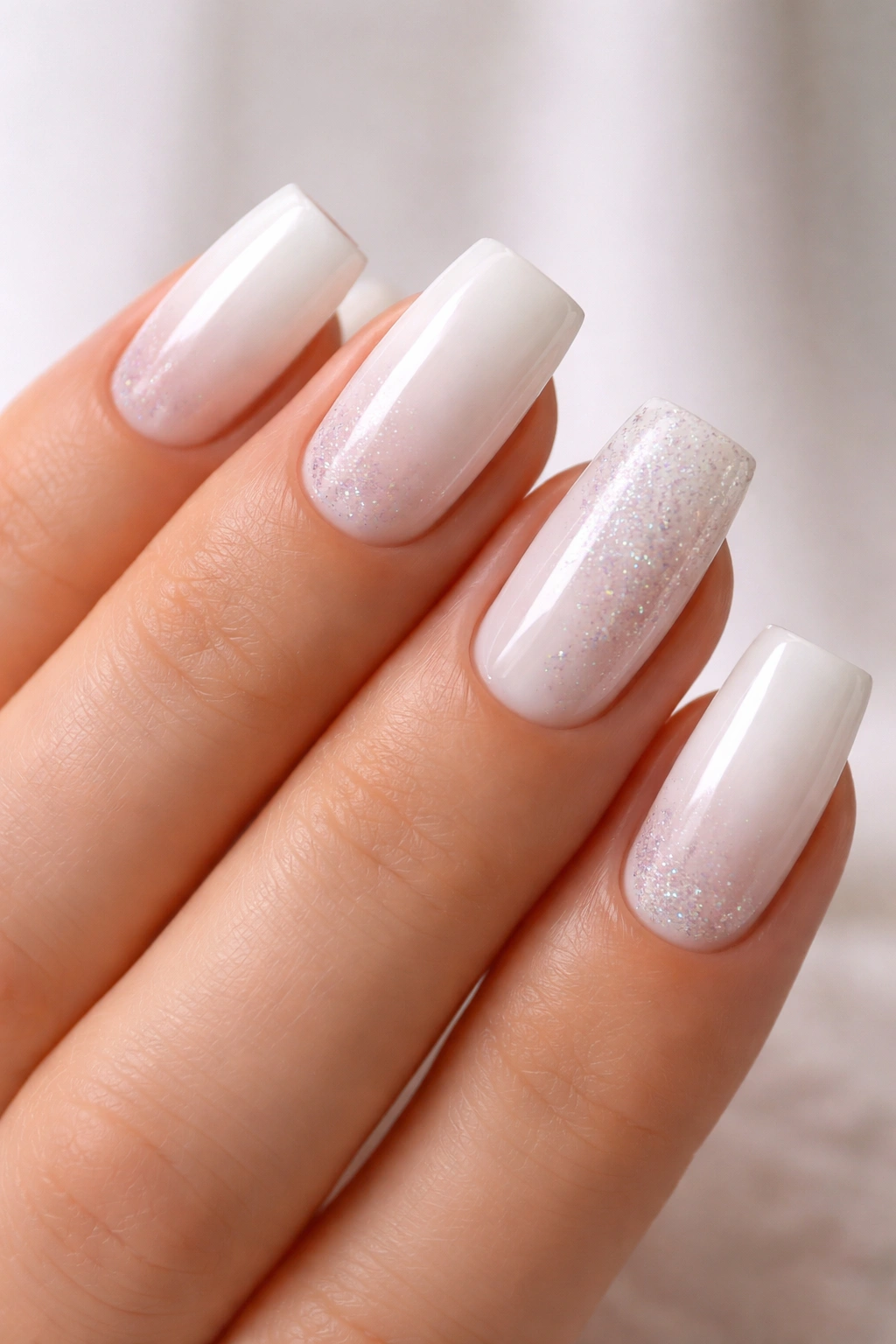 Soft white nails with glitter accent on one nail shining under light