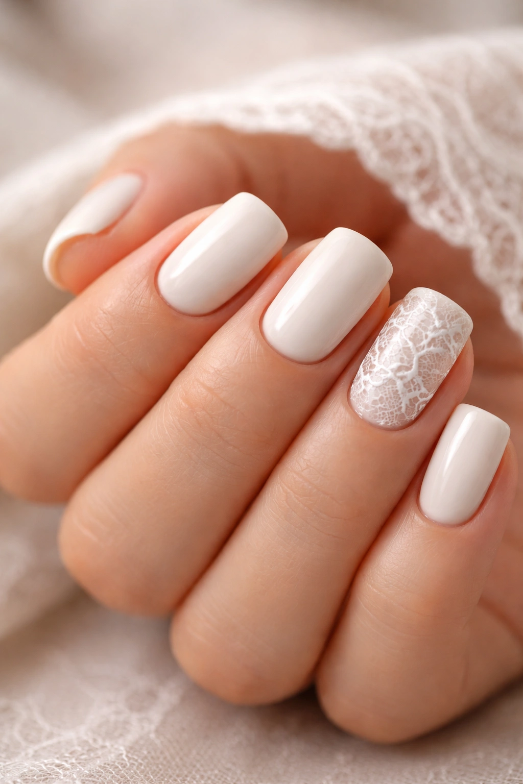 Close-up of soft white nails with lace detail on accent nail