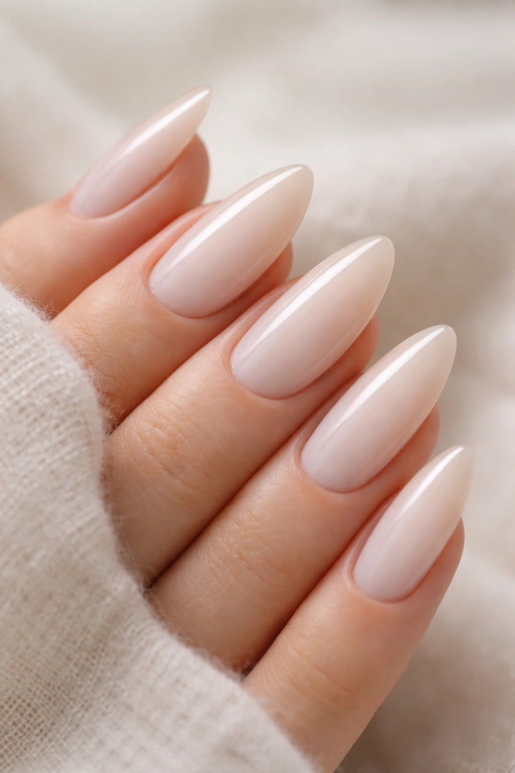 Close-up of soft white almond nails with barely nude edge