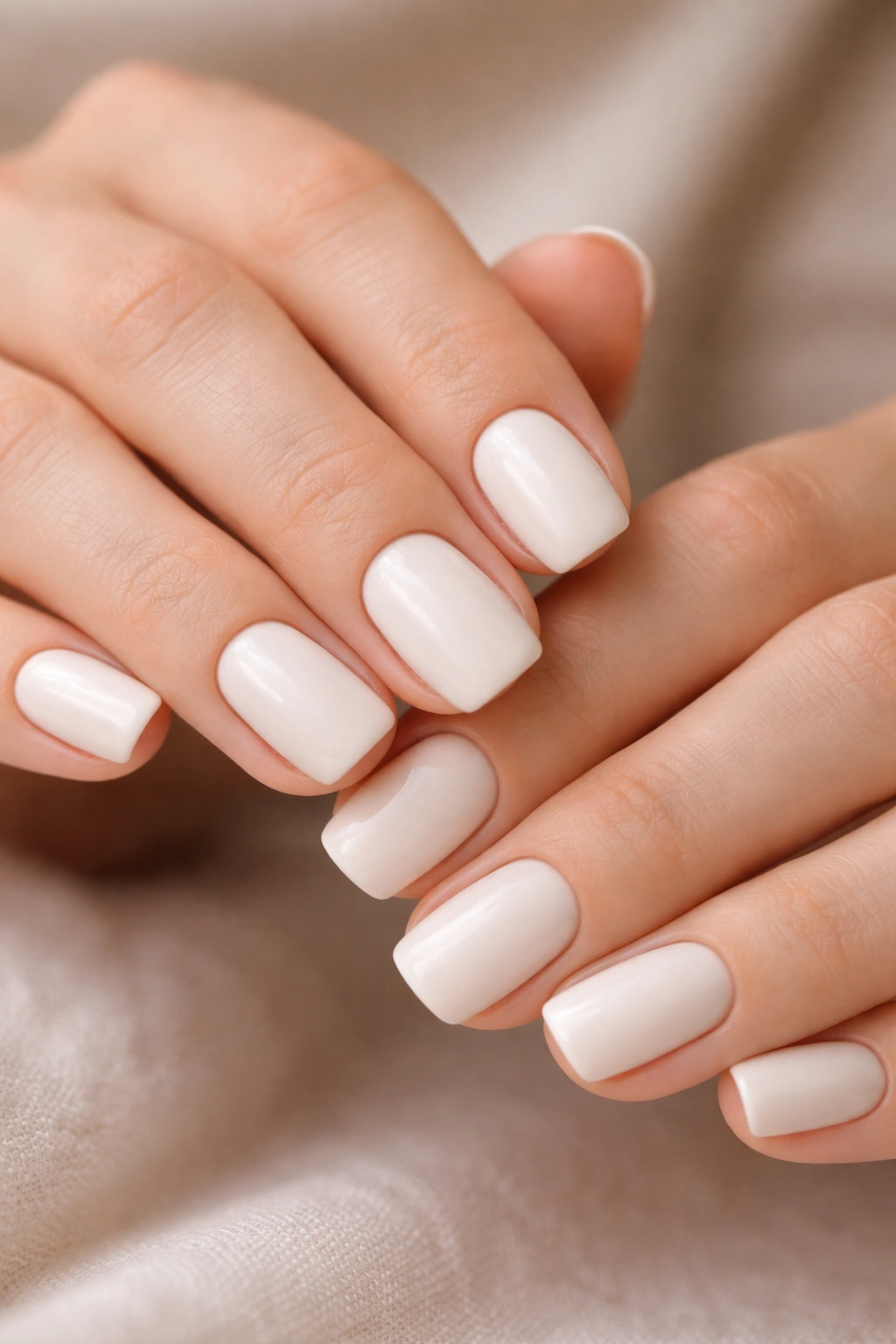 Close-up of soft white square-oval nails with creamy undertone