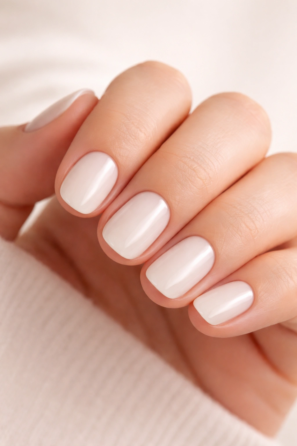 Close-up of short round nails with soft white polish and natural tip