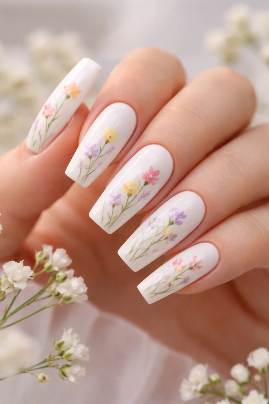 Close-up of soft white coffin nails with delicate hand-painted wildflowers on a neutral background