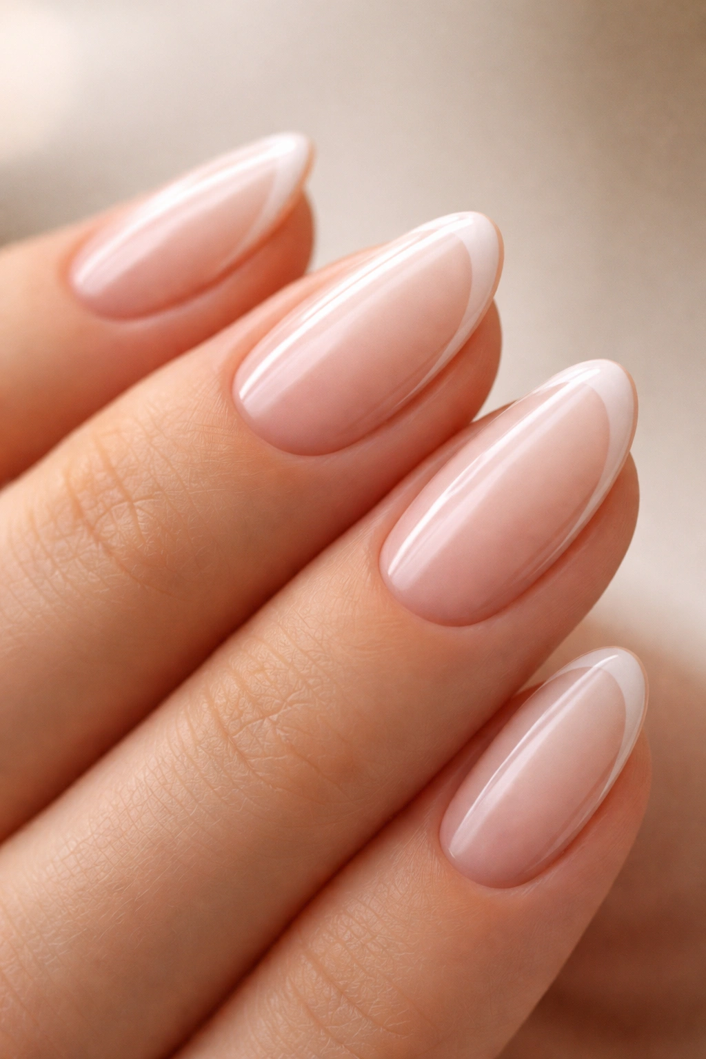 Close-up of a short almond nail with soft white tip and nude outline.