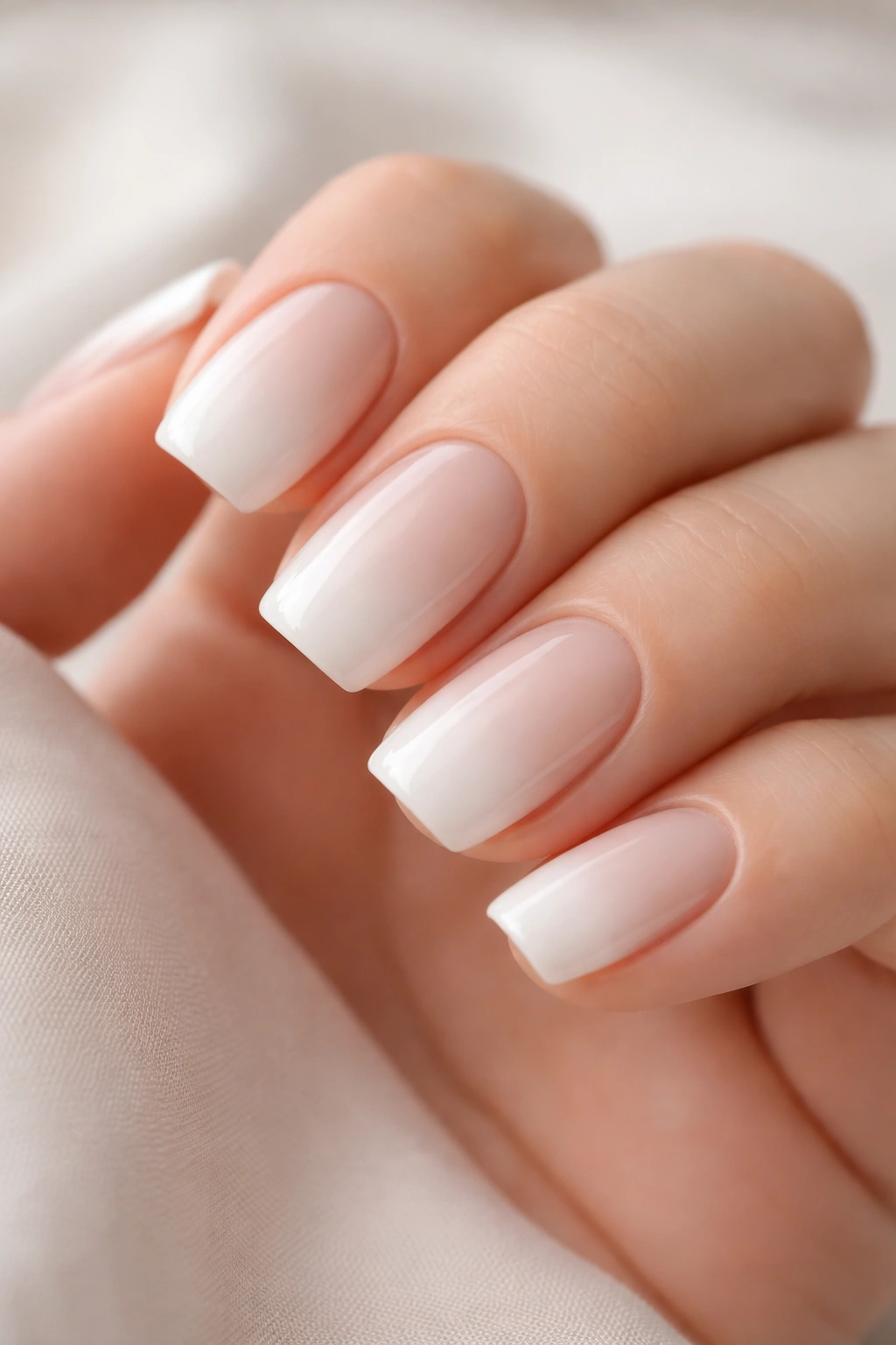 Close-up of short squoval nails with soft white ombre French manicure