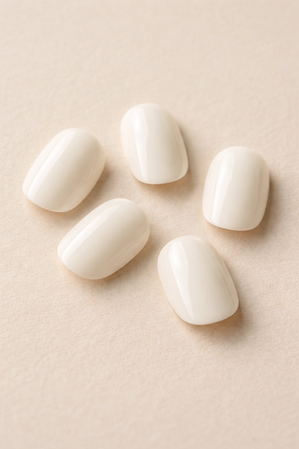 Close-up of five soft white short oval press-on nails on a neutral background