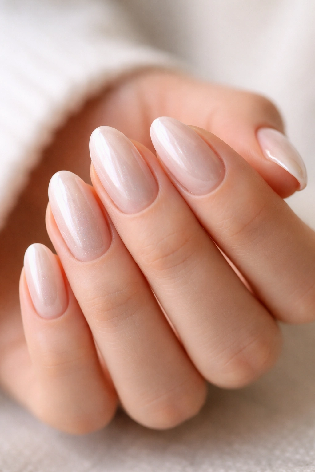 Close-up of short almond nails with soft white pearl finish