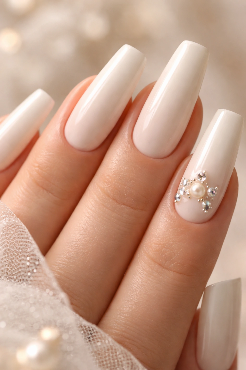 Close-up of soft white coffin nails with delicate pearl cluster and tiny crystals