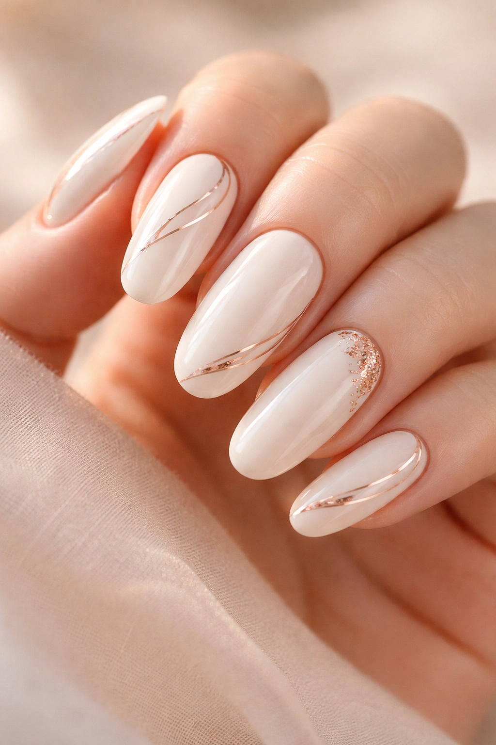 Close-up of soft white nails with delicate rose gold accents on long round nails