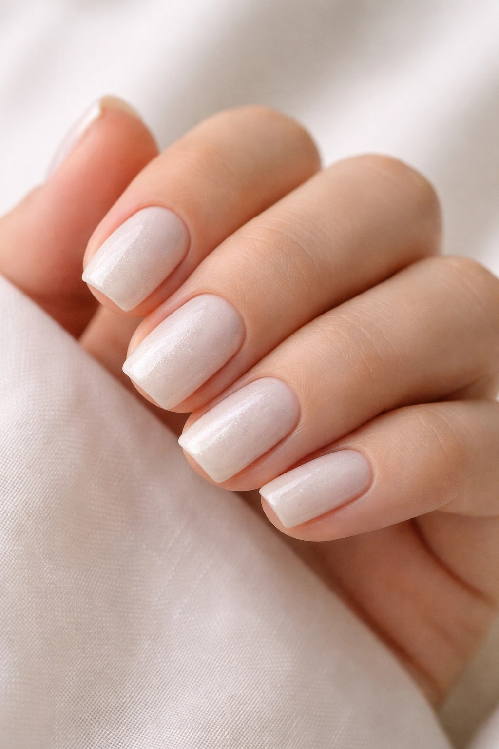 Close-up of short squoval nails in soft white with micro shimmer