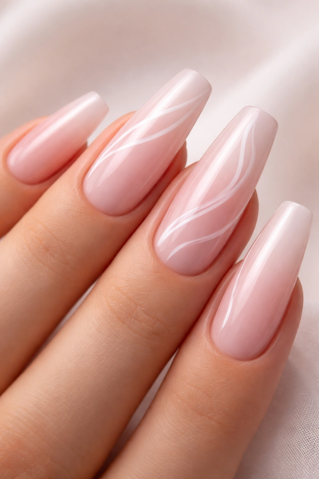 Close-up of nails with translucent pink base and delicate white swirls on accent nails