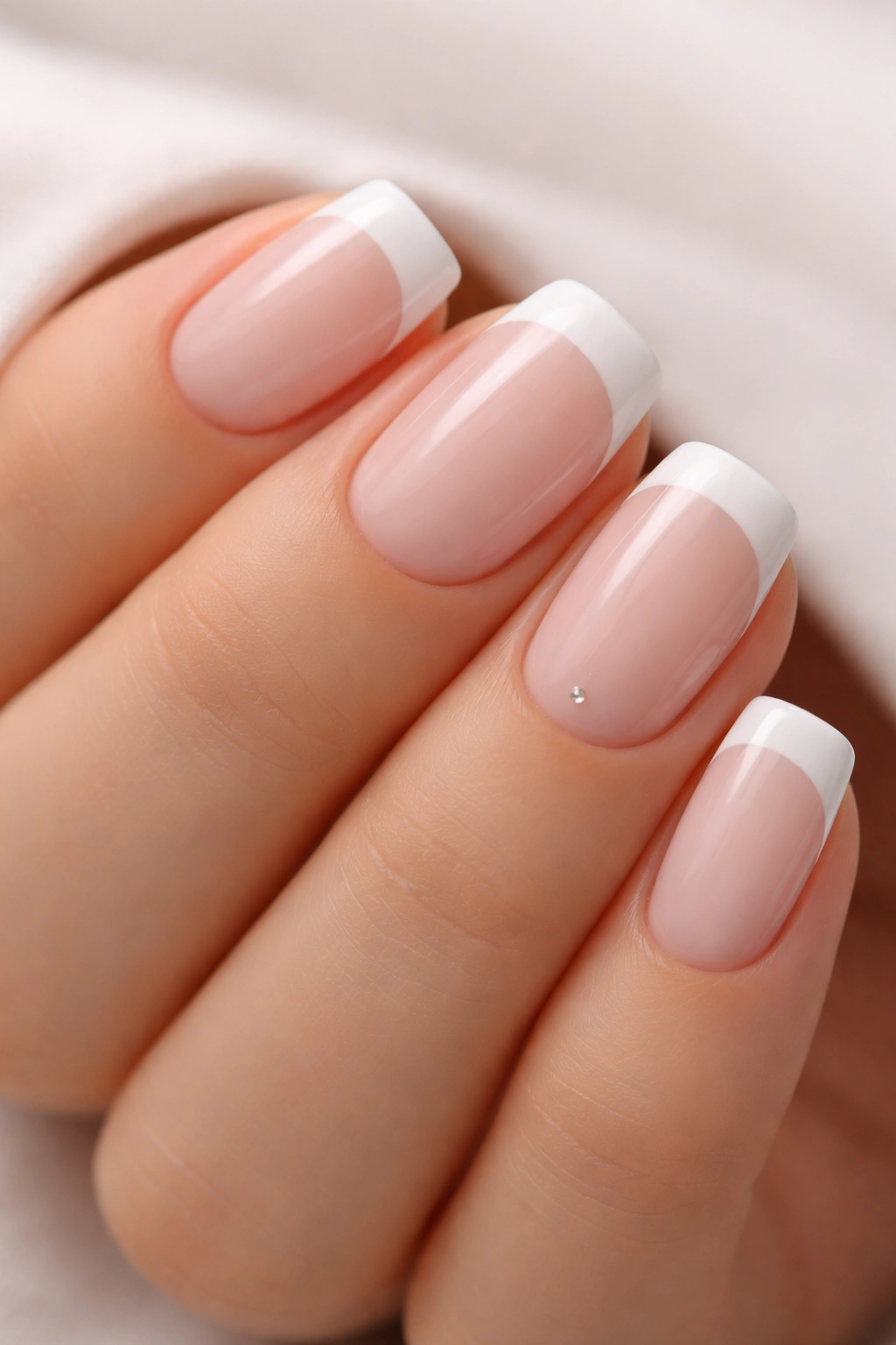 Close-up of short squoval nails with soft white tips and minimalist design on pale pink base