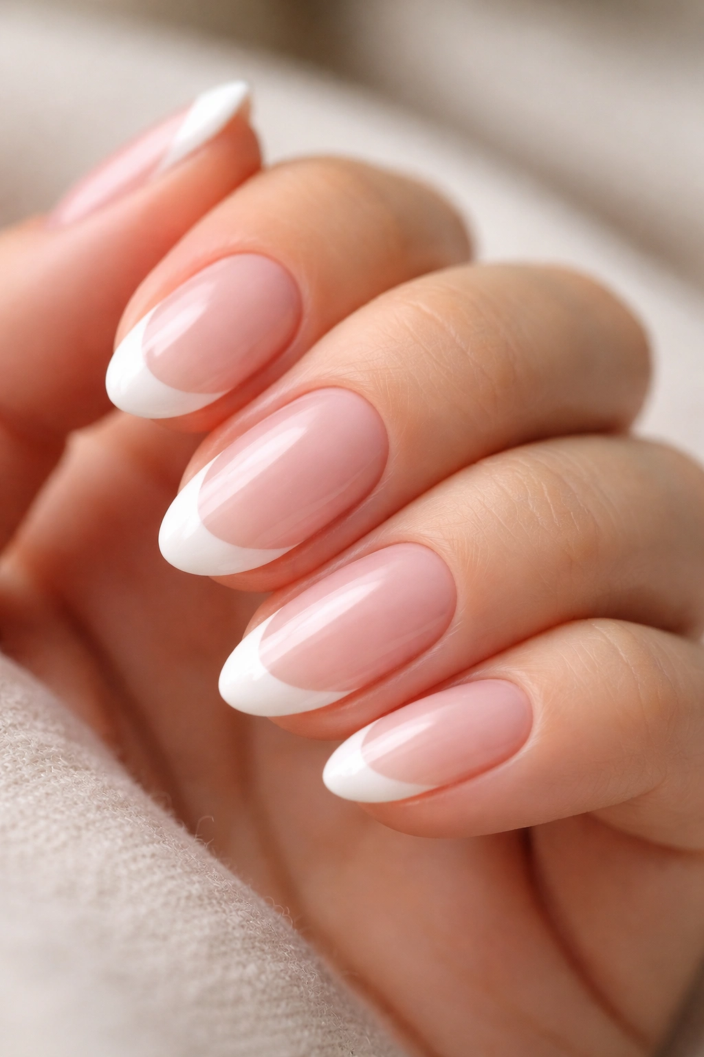 Close-up of short almond nails with sheer pink base and soft white tips