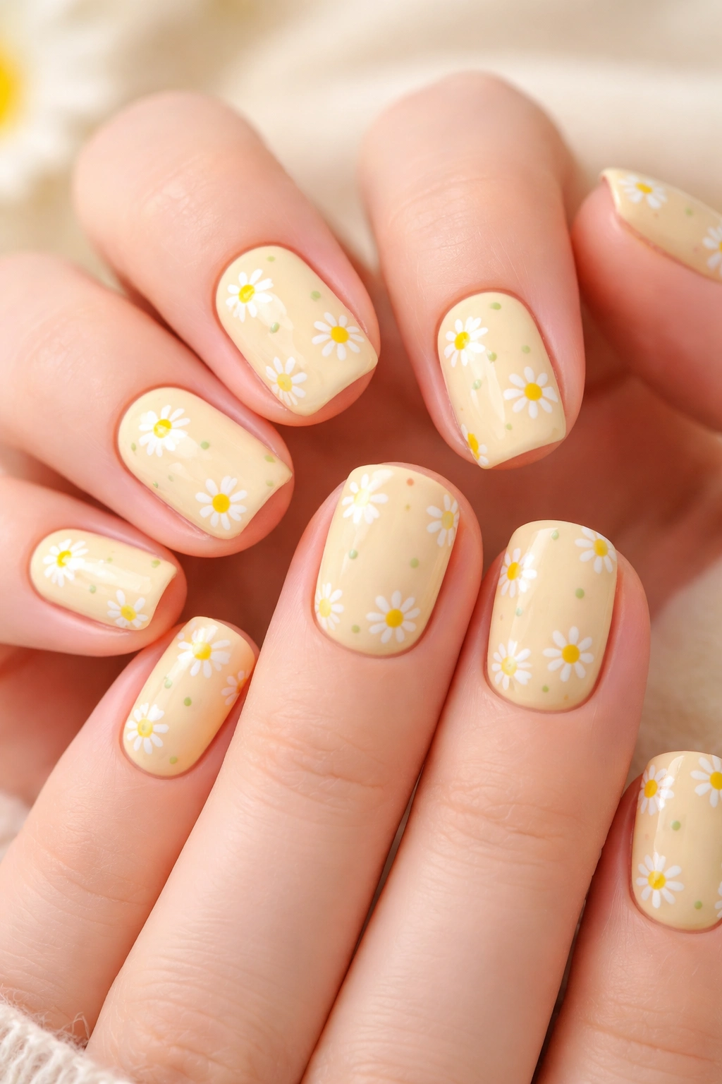 Close-up of short squoval nails painted pale yellow with tiny white daisies