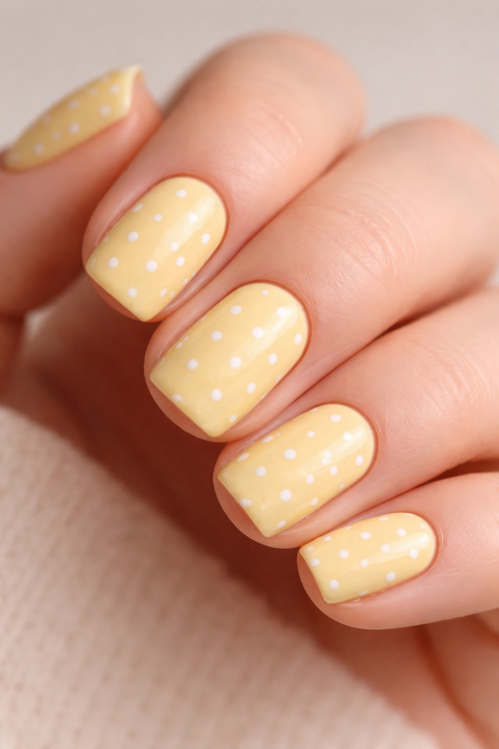 Close-up of short squoval nails in soft buttery yellow with white dot accents