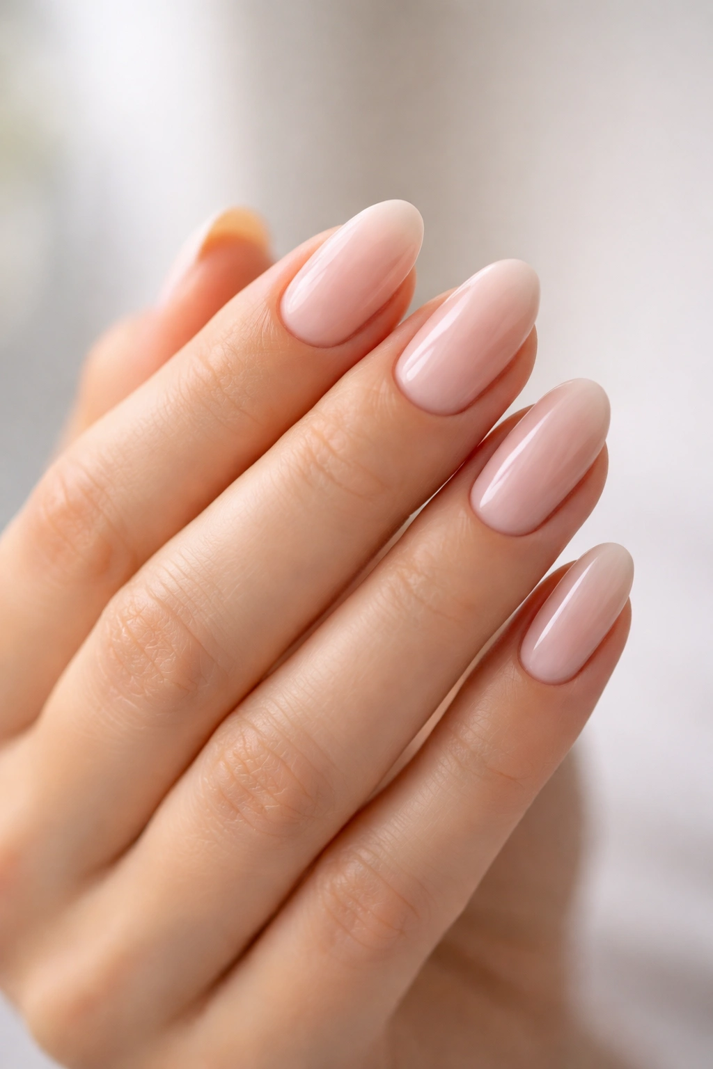 Close-up of hand with soft oval nails on medium length with tapered tips
