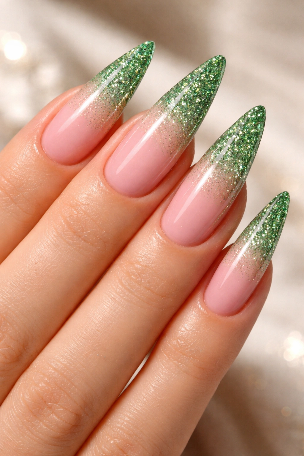 Close-up nails with soft pink base and green glitter ombre