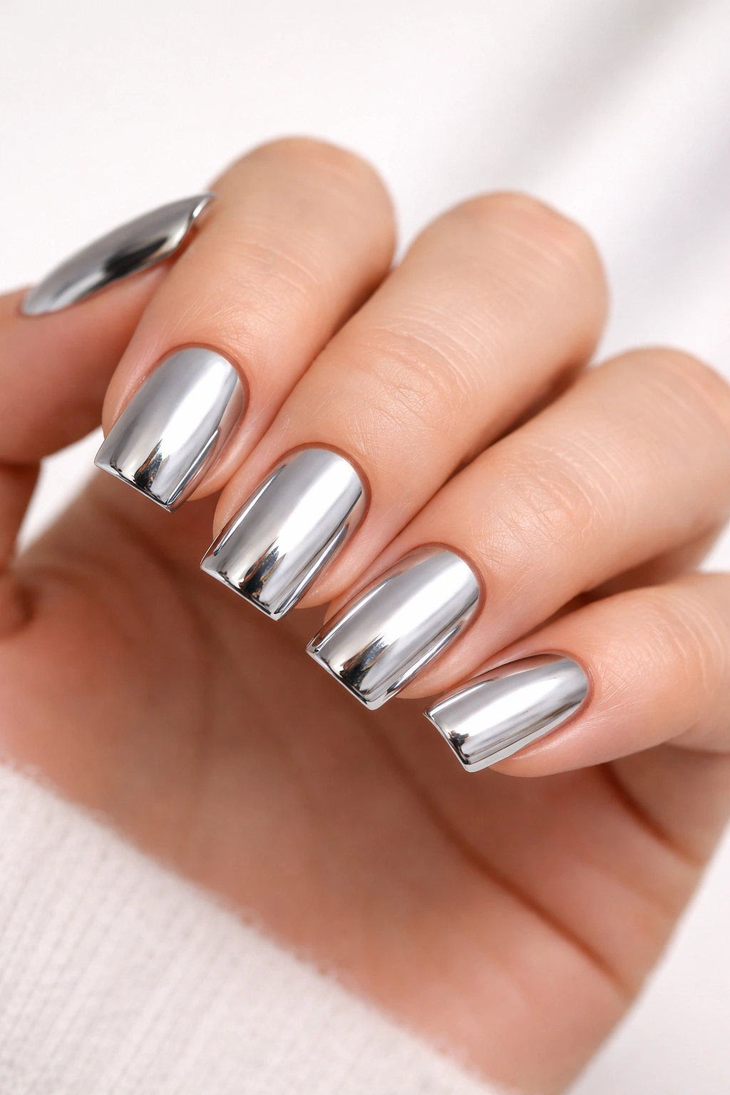 Short duck nails with a flawless solid chrome finish