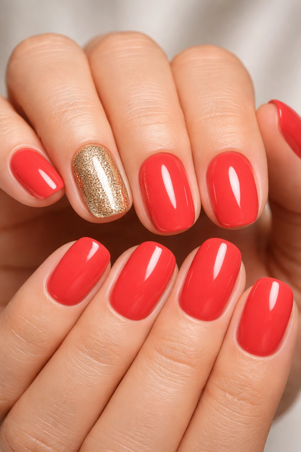 Close-up of hands with ten nails; nine in solid color and one accent nail
