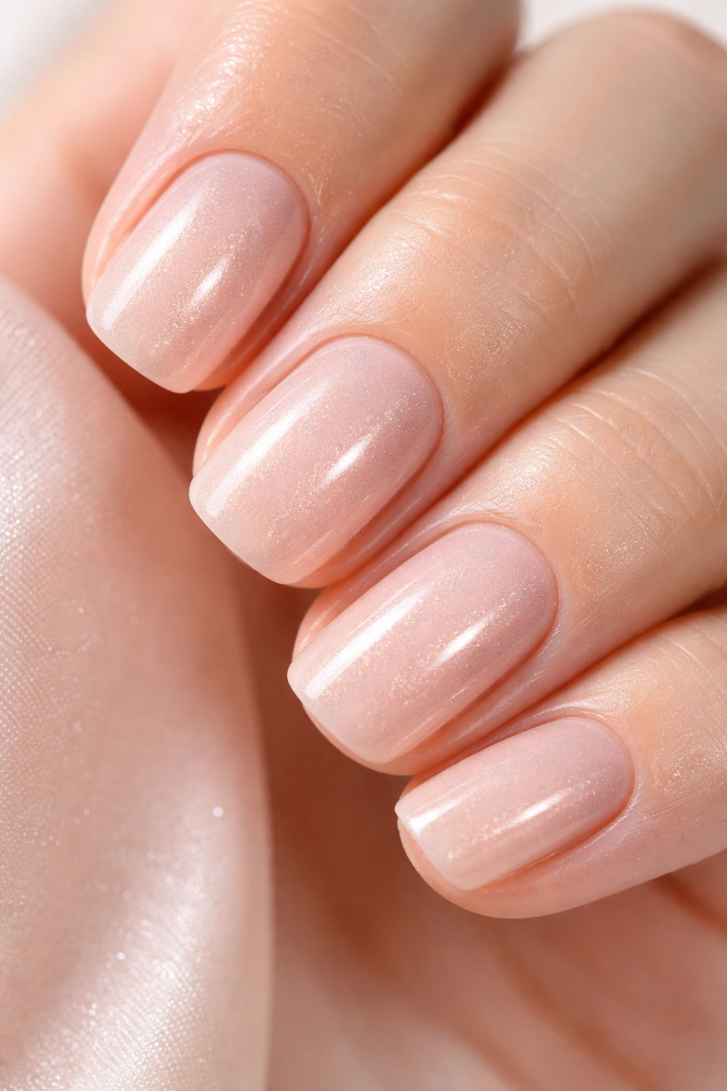 Short squoval nails in a soft shimmering solid color
