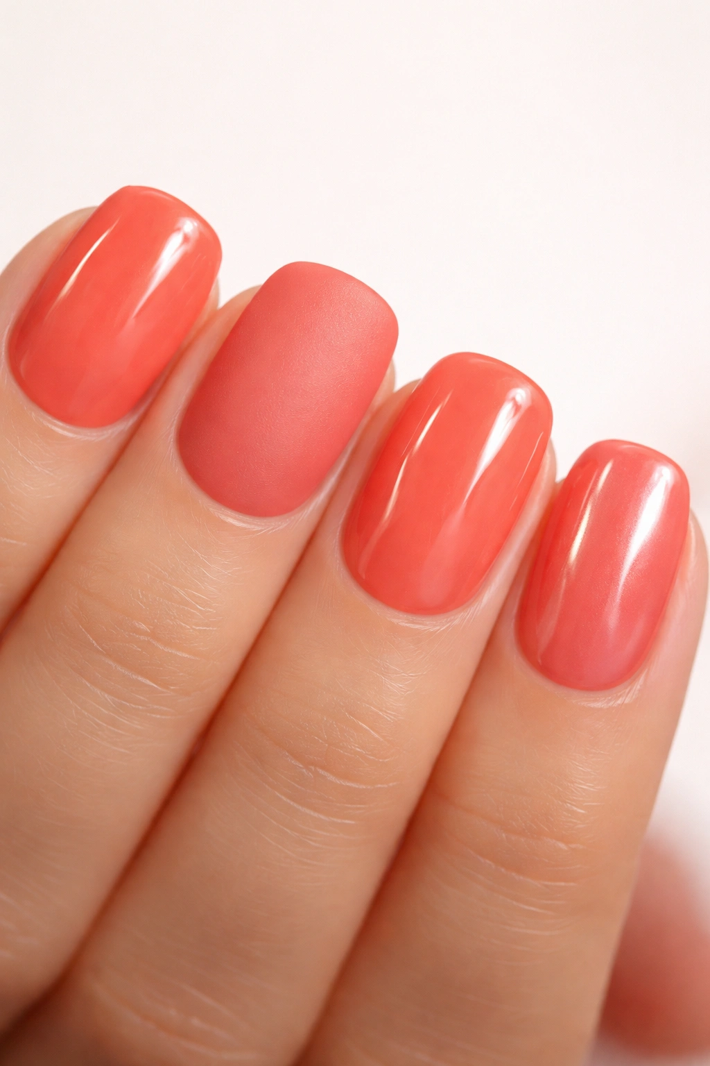 Close-up of solid coral nails showing various top coat finishes on short squoval nails