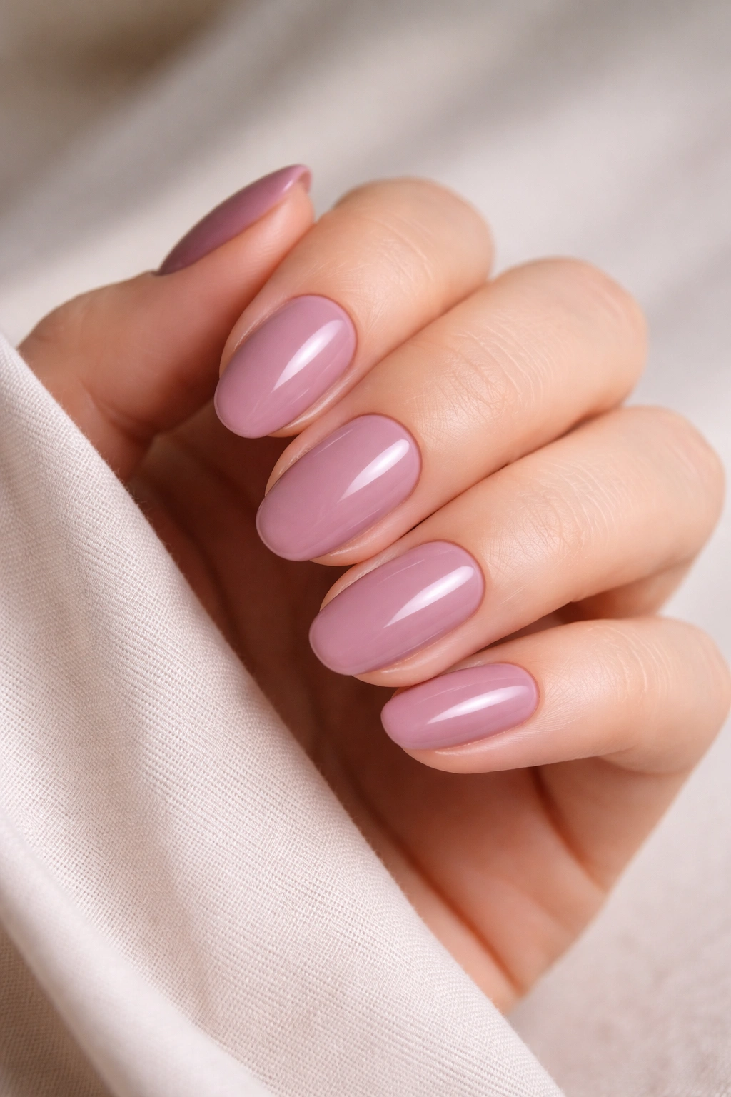 Close-up of solid mauve manicure on neatly shaped nails