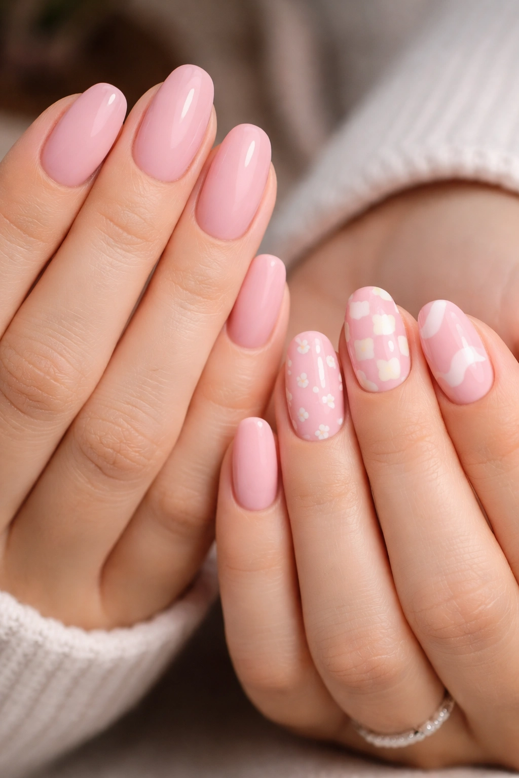 Two hands with coordinated nails, one solid color and one patterned in the same palette.