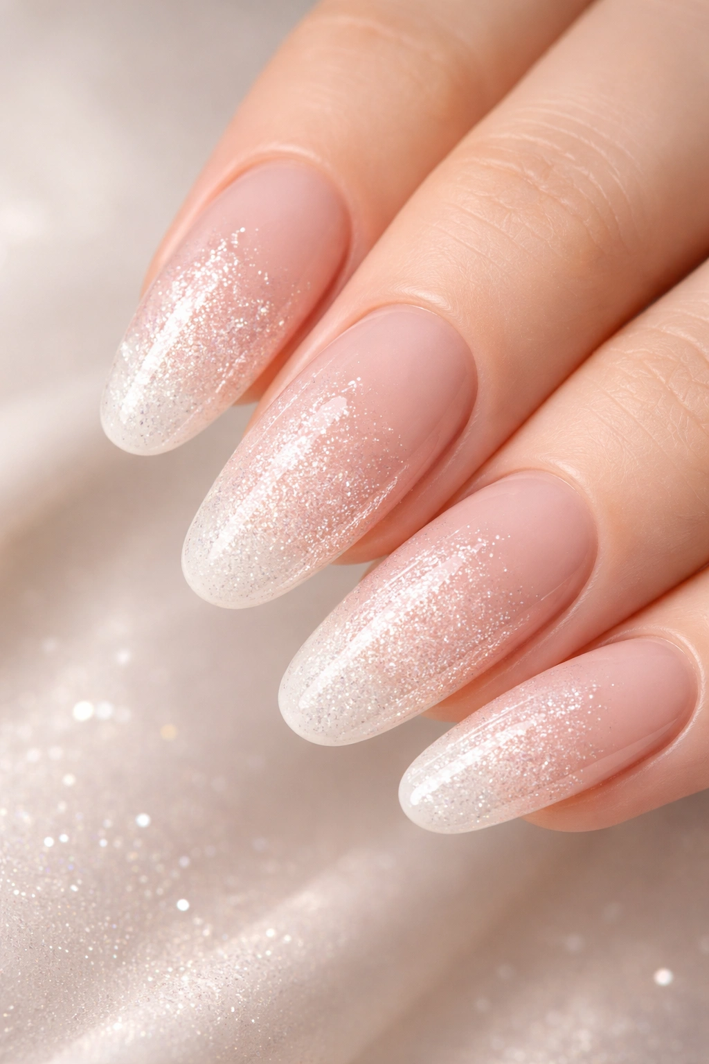 Close-up of a long round acrylic nail with sparkle gradient fade