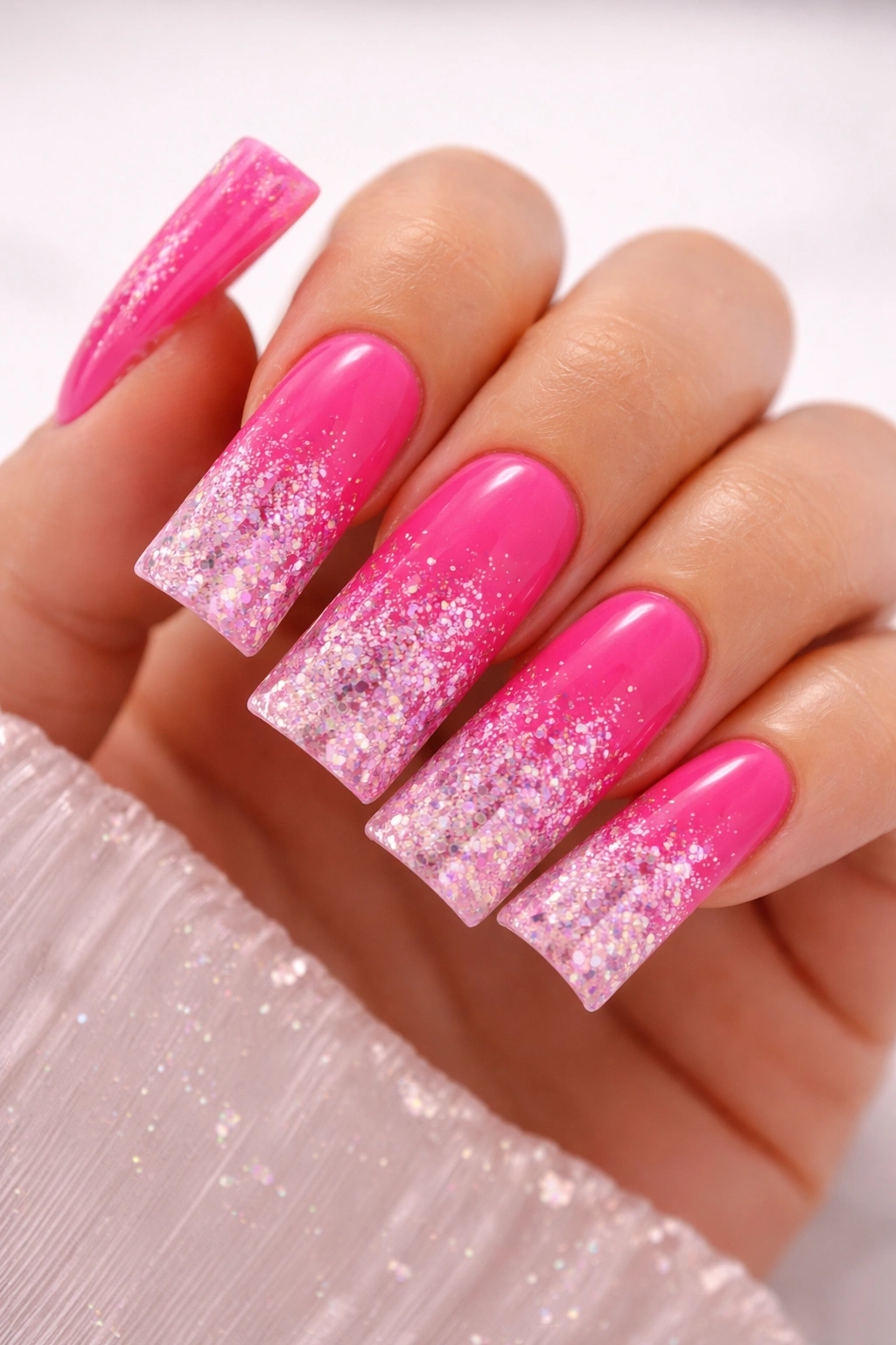 Close-up of hot pink duck nails with glitter ombre from base to tip