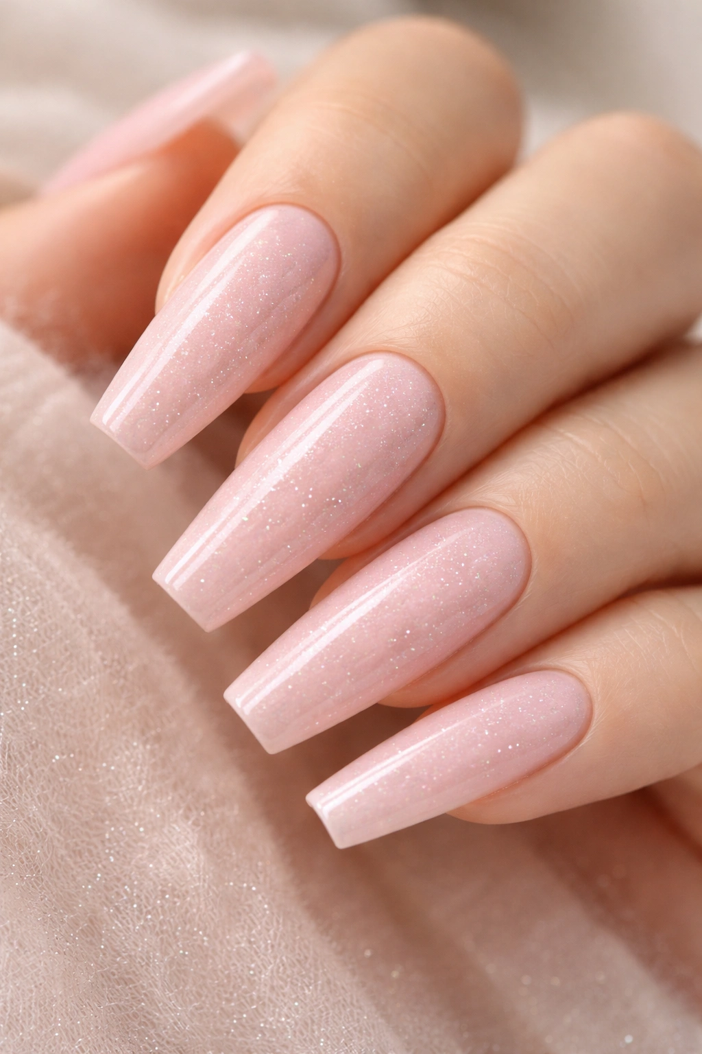 Coffin nails pale pink with subtle sparkle across surface