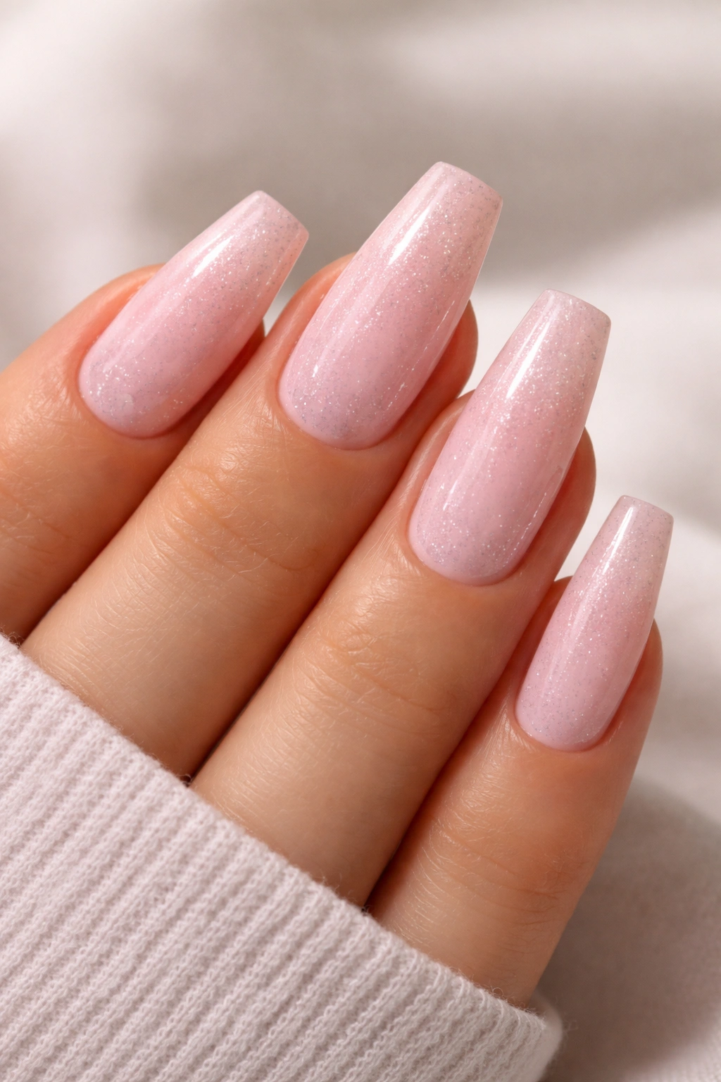 Coffin nails in light pink with subtle sparkle on a hand