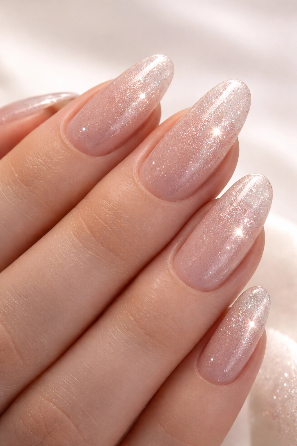 Close-up of nails with subtle sparkle and shimmer under studio lighting
