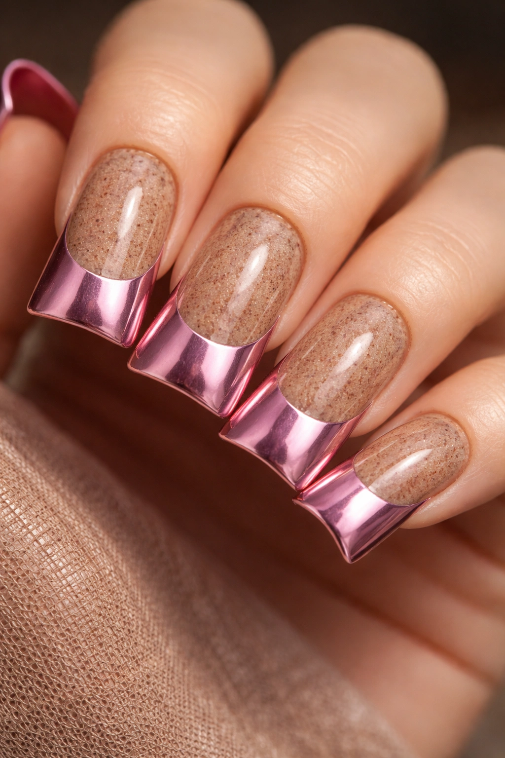 Duck nail with speckled brown base and pink chrome tip