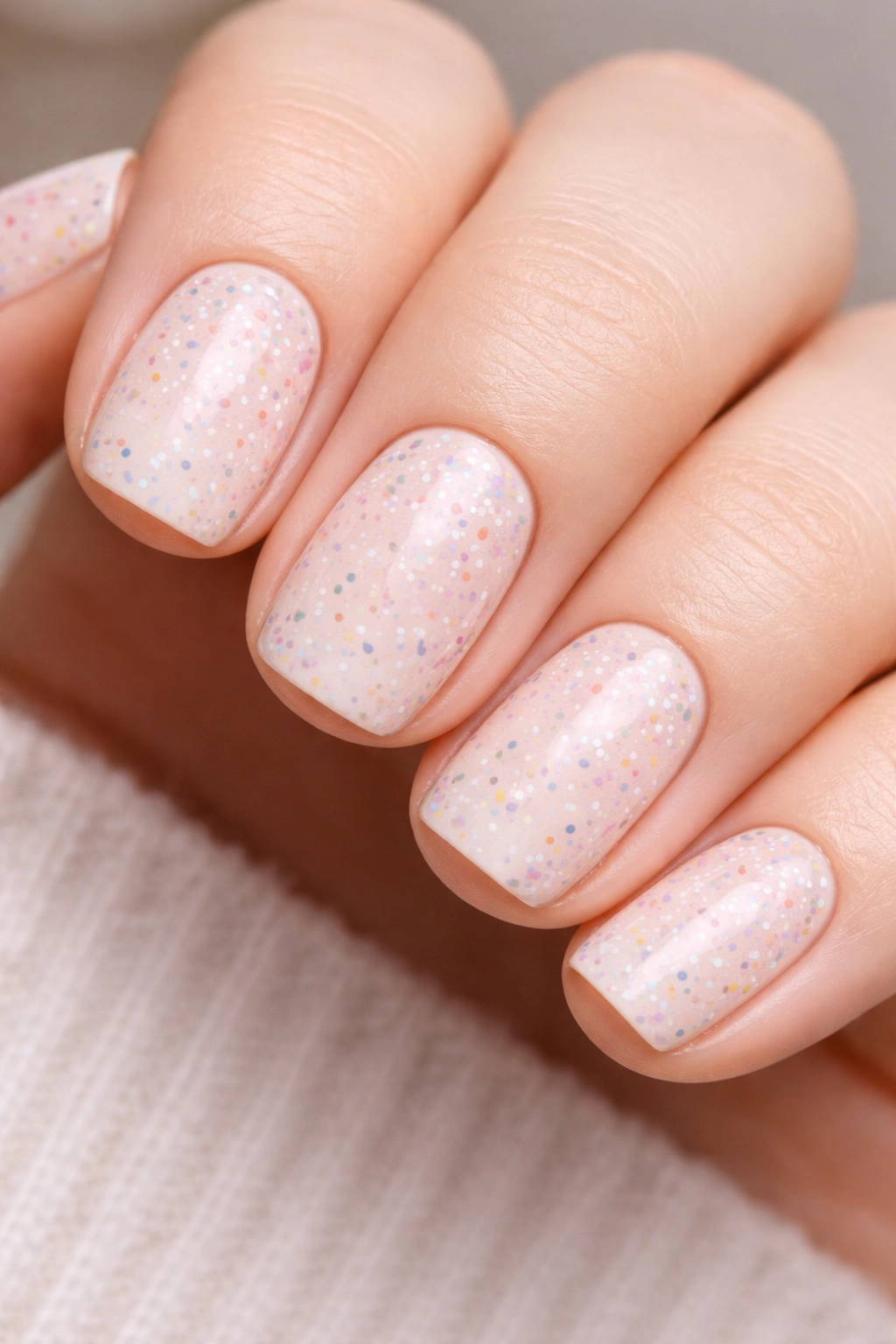 Close-up of short squoval nails with speckled confetti design on neutral background