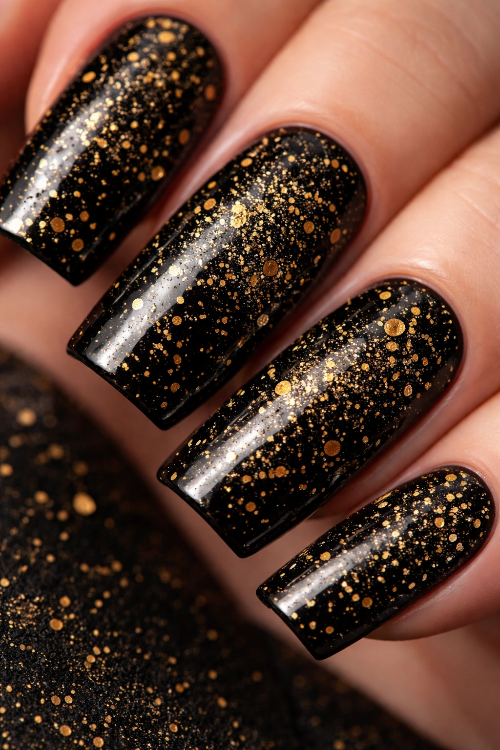 Duck nail with black base and gold speckled design