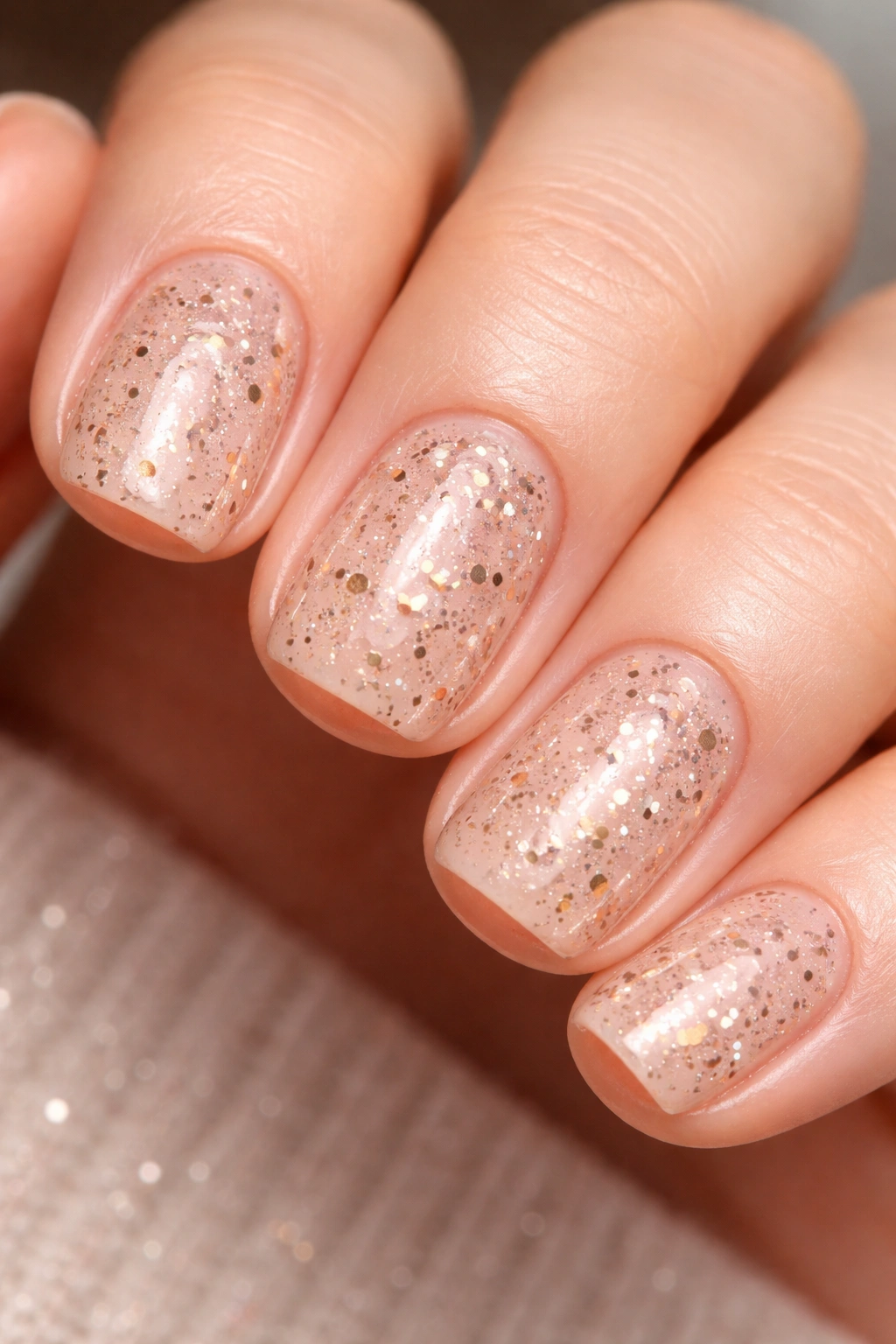 Nails with neutral base and metallic speckles across the surface