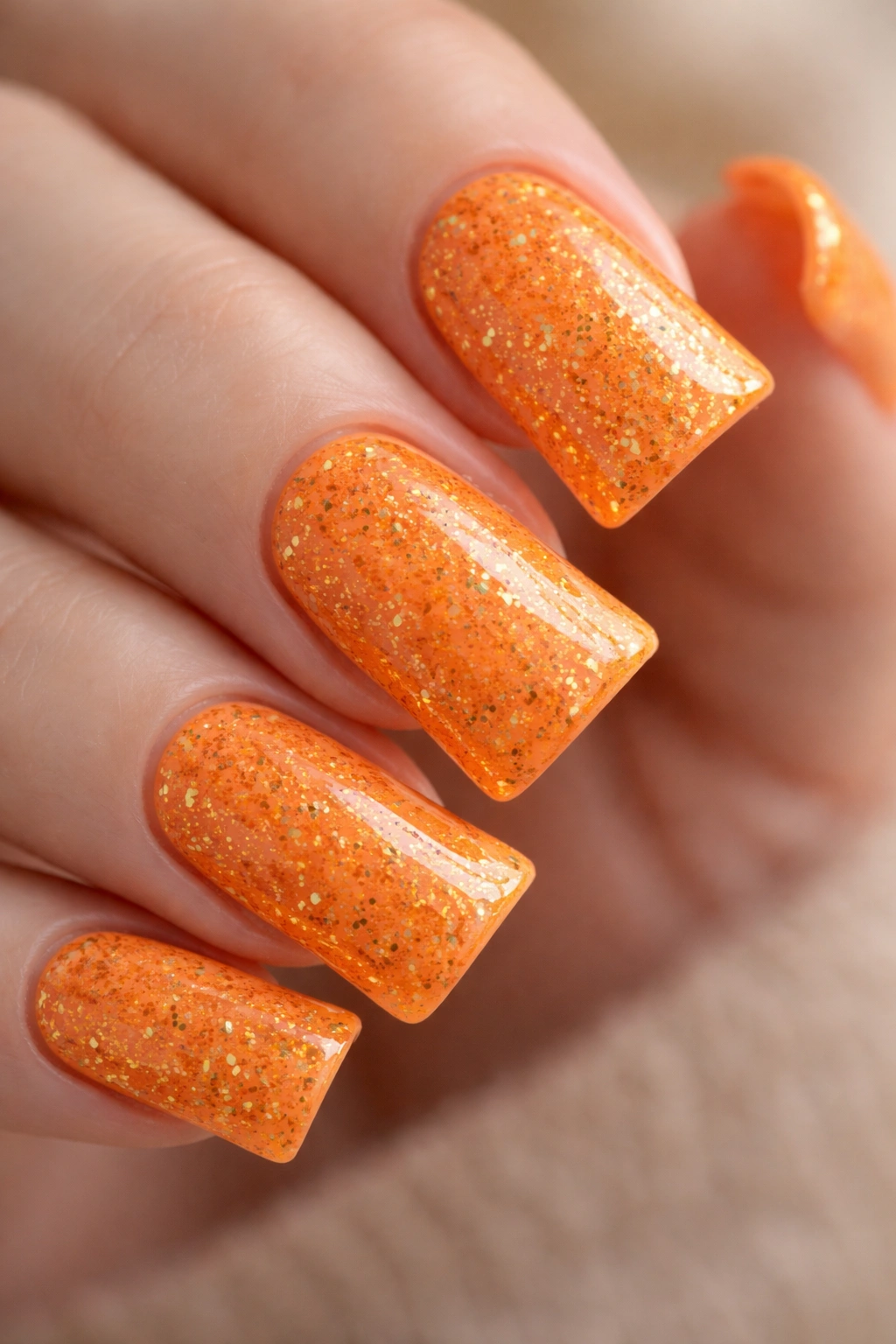 Close-up of speckled orange nails with gold flecks